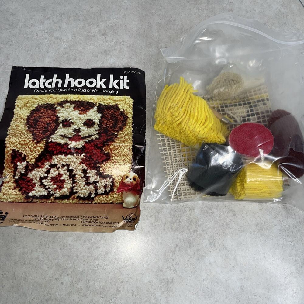 Vtg latch hook kit Poochie Dog Puppy 12x12” Valiant Crafts USA Wall Decor YKI